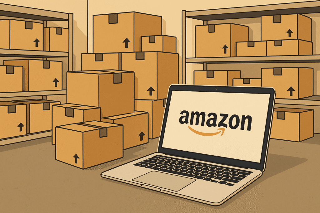 Ilustración de un almacén con muchas cajas apiladas y un ordenador Mac en el suelo, representando la operativa logística de una empresa que vende en Amazon como sociedad.