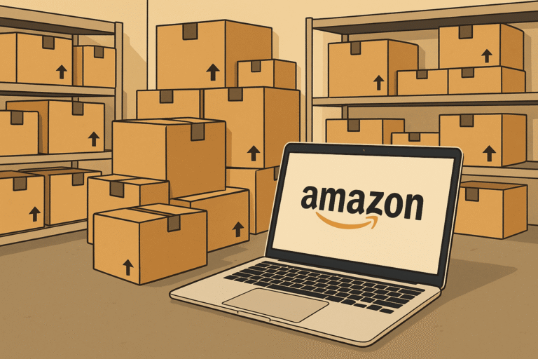 Ilustración de un almacén con muchas cajas apiladas y un ordenador Mac en el suelo, representando la operativa logística de una empresa que vende en Amazon como sociedad.