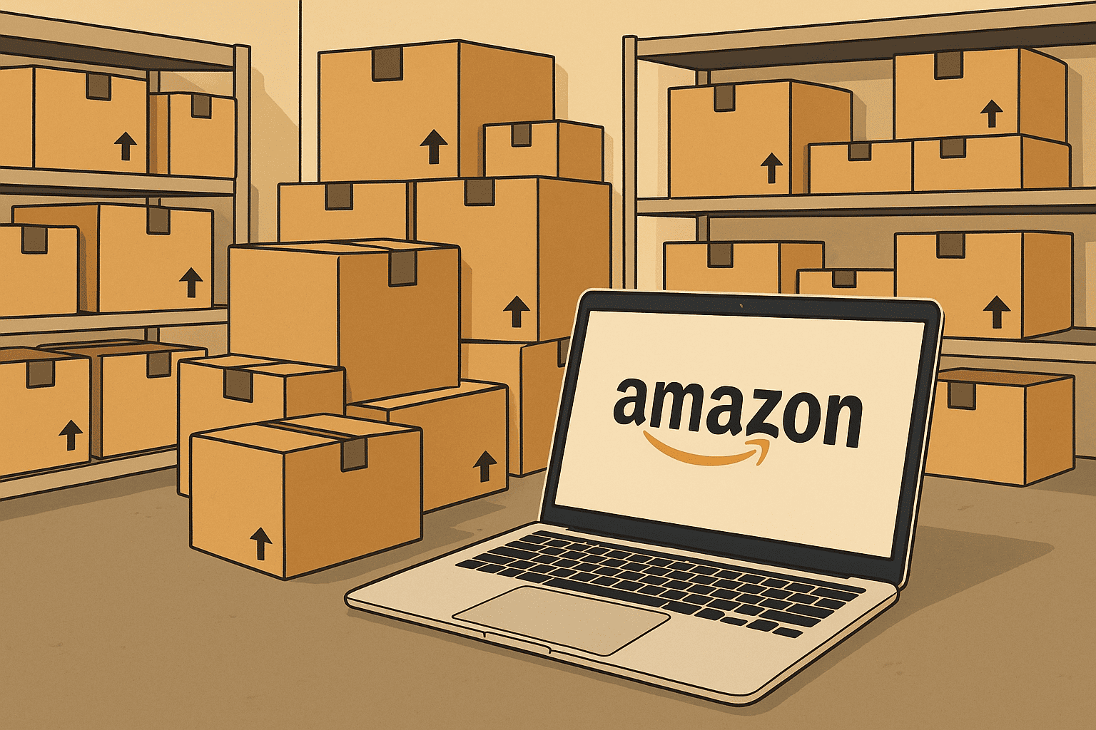 Ilustración de un almacén con muchas cajas apiladas y un ordenador Mac en el suelo, representando la operativa logística de una empresa que vende en Amazon como sociedad.