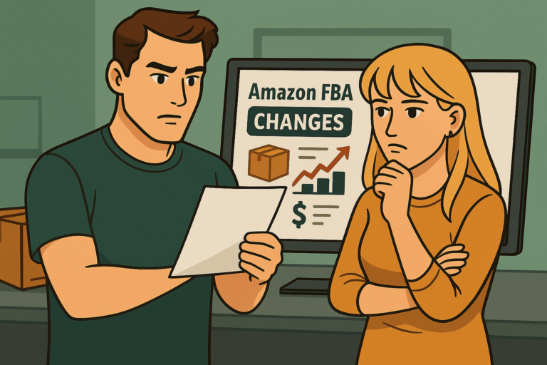 Pareja analizando los nuevos cambios en las tarifas de Amazon FBA en abril de 2025, con expresión preocupada.