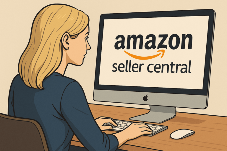 Mujer frente al ordenador accediendo a la página de Amazon Seller Central para crear una cuenta de vendedor.
