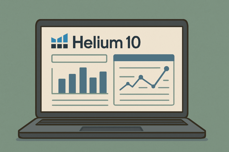Interfaz de Helium 10 abierta en un portátil mostrando gráficos de análisis para encontrar productos ganadores en Amazon FBA