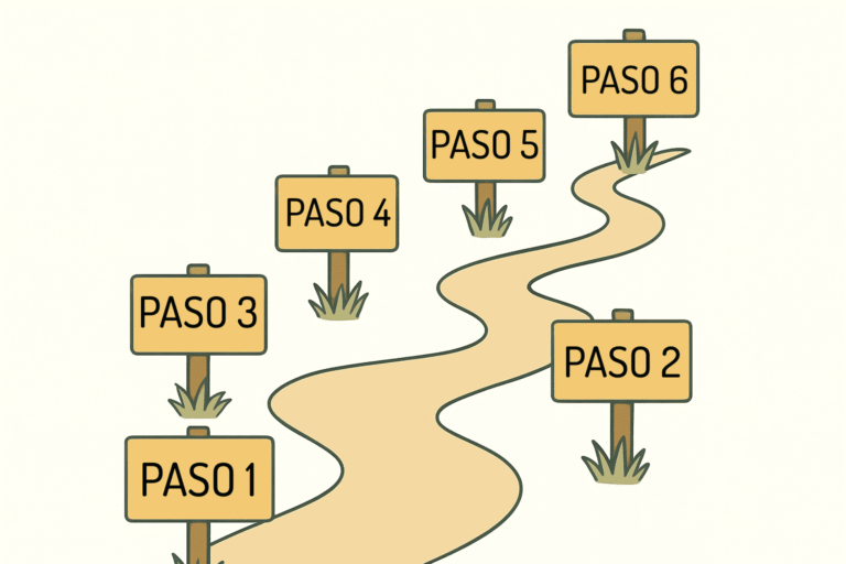 Camino paso a paso para empezar a vender en Amazon FBA en 2025, representado por carteles sin texto sobre una ruta ascendente