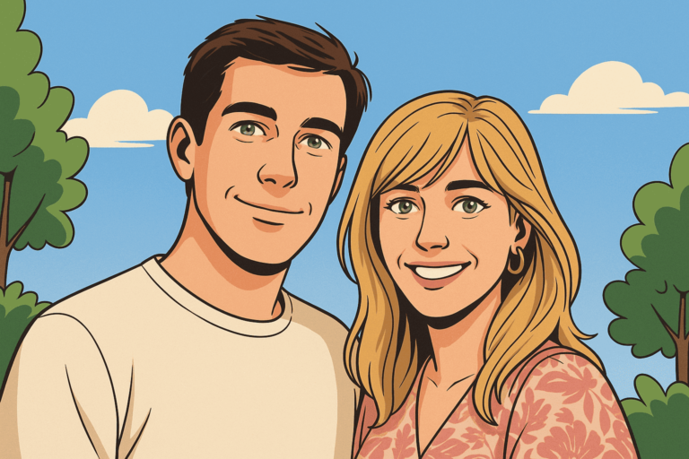Retrato ilustrado de Alba y Xavi, creadores de SellerProject, presentándose como vendedores de Amazon.