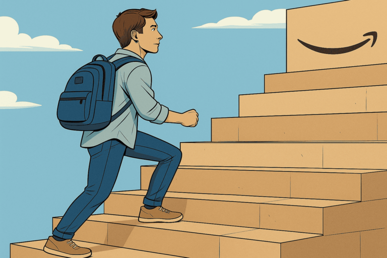Ilustración de un vendedor subiendo escalones con mochila hacia el logo de Amazon, representando el proceso de empezar a vender paso a paso.