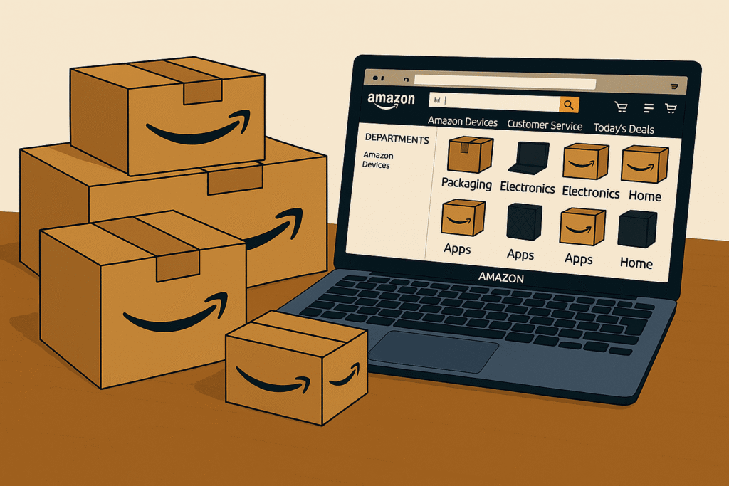 Ilustración conceptual sobre vender en Amazon como autónomo, con elementos de e-commerce, gestión y logística