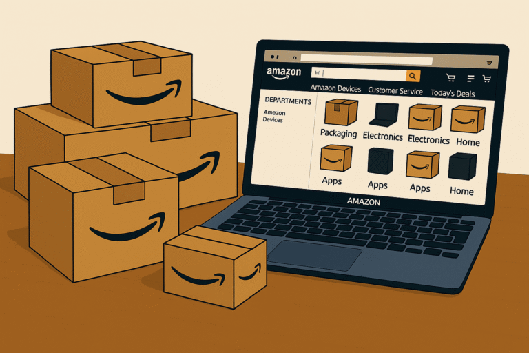 Ilustración conceptual sobre vender en Amazon como autónomo, con elementos de e-commerce, gestión y logística