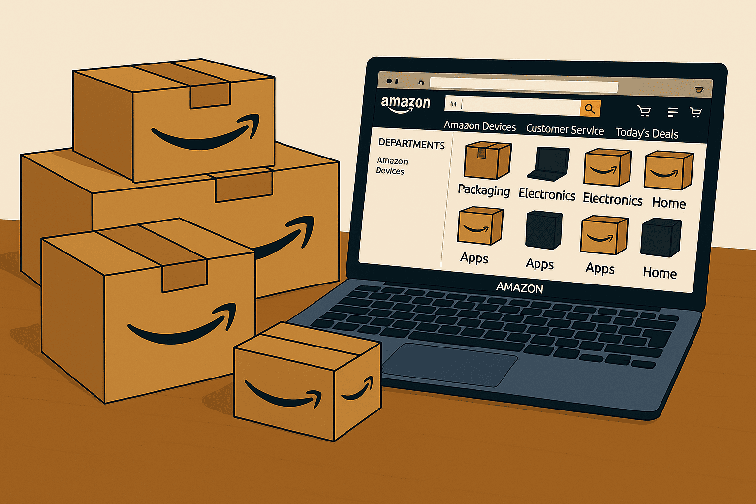 Ilustración conceptual sobre vender en Amazon como autónomo, con elementos de e-commerce, gestión y logística