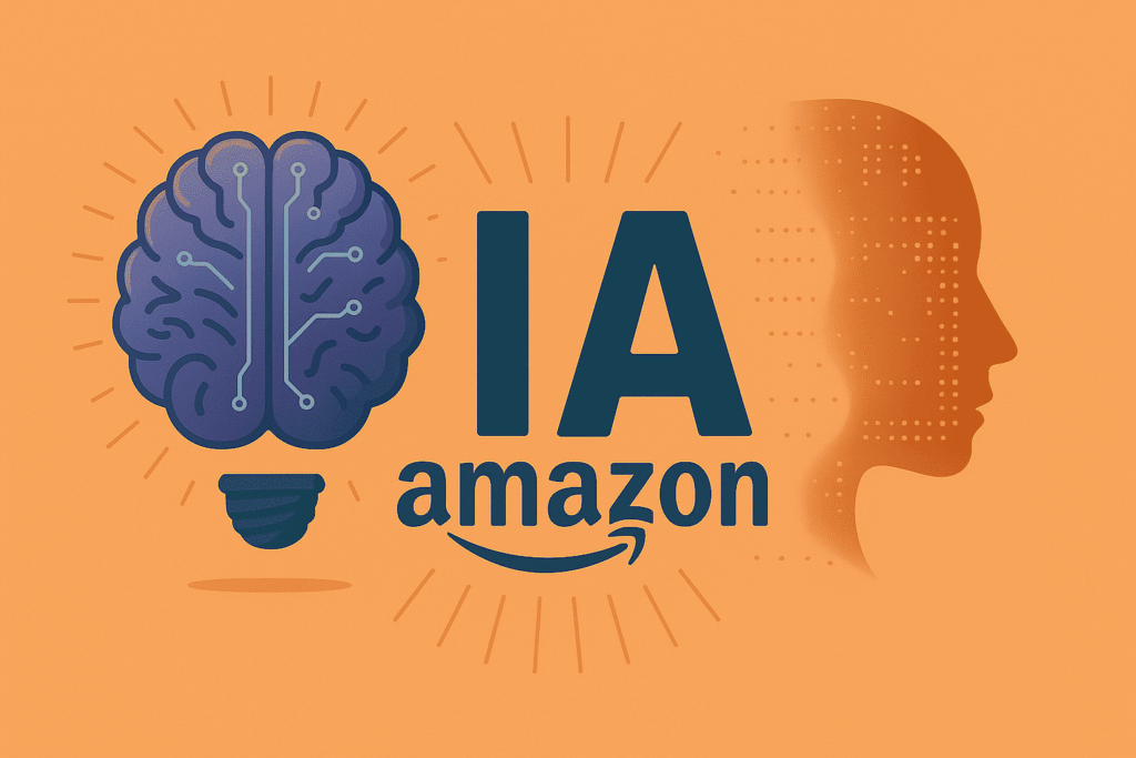 Ilustración digital con fondo naranja pastel que muestra las palabras 'IA' y 'Amazon' como protagonistas, en estilo moderno y minimalista