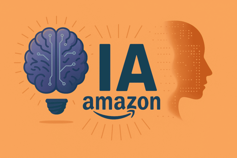 Ilustración digital con fondo naranja pastel que muestra las palabras 'IA' y 'Amazon' como protagonistas, en estilo moderno y minimalista
