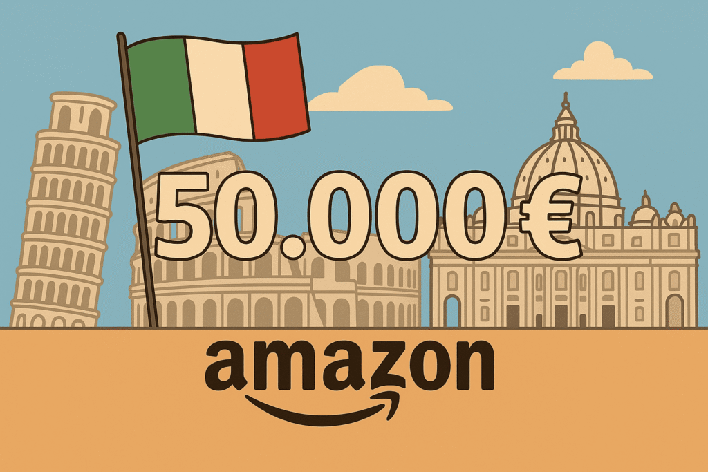 Ilustración moderna con la bandera de Italia, el texto 50.000 € y Amazon, sobre un fondo con el Coliseo y la Torre de Pisa, representando los nuevos requisitos fiscales para LLC extranjeras