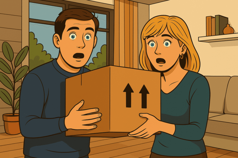 Dos vendedores sosteniendo una caja demasiado grande con cara de sorpresa en el interior de una casa moderna.