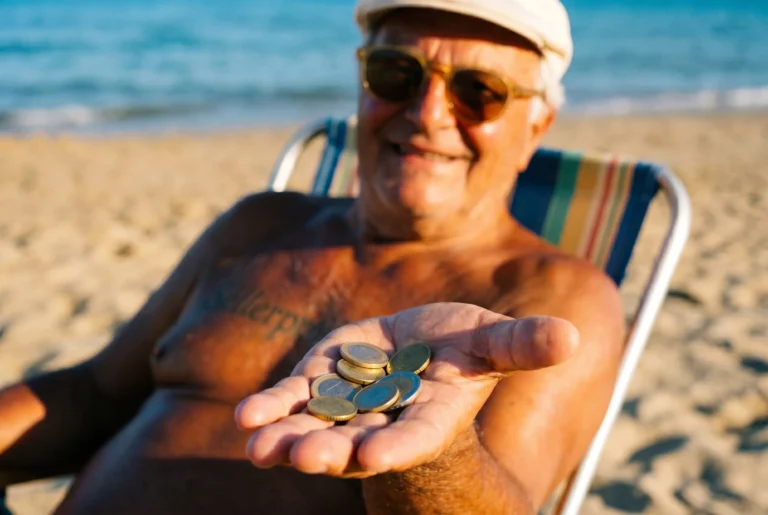Hombre en silla de playa mostrando monedas en la palma de la mano, representando los márgenes y rentabilidad de vender en Amazon FBA en 2026