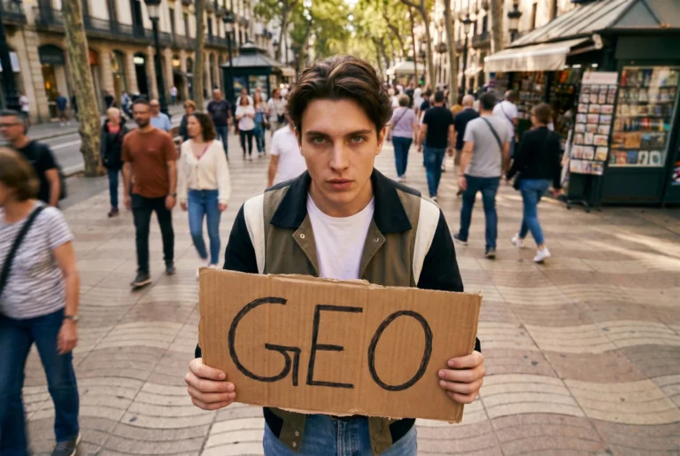 Joven sosteniendo un cartel con la palabra GEO en Las Ramblas de Barcelona, representando la optimización para motores generativos en Amazon